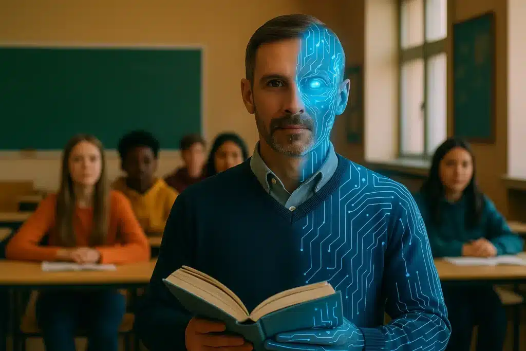 Professor metade humano e metade tecnológico segurando um livro em sala de aula com adolescentes ao fundo.