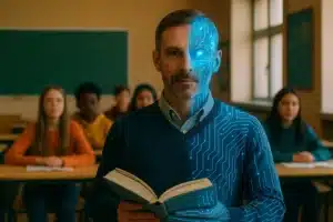 Professor metade humano e metade tecnológico segurando um livro em sala de aula com adolescentes ao fundo.