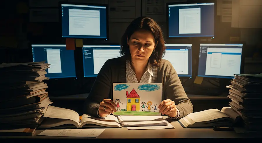  Professor sobrecarregado em ambiente escolar, representando o risco de perder Educação Humanizada
