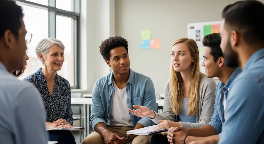 Professor e alunos em roda de conversa, simbolizando Educação Humanizada e vínculo

