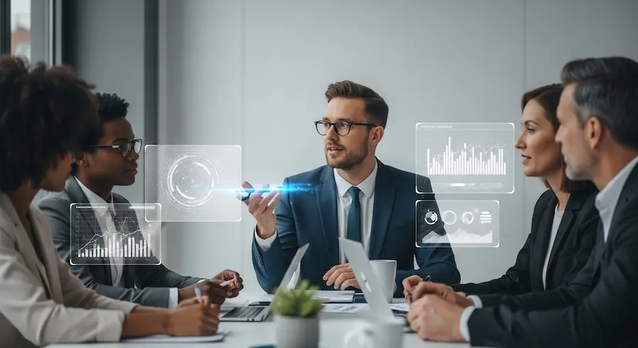 Profissionais reunidos em ambiente corporativo, simbolizando liderança na era da inteligência artificial com foco humano.