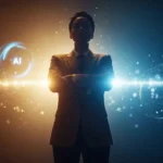 Líder humano em destaque diante de elementos digitais, simbolizando liderança na era da inteligência artificial.
