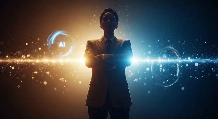 Líder humano em destaque diante de elementos digitais, simbolizando liderança na era da inteligência artificial.