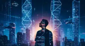 Líder diante de elementos digitais representando tendências de liderança 2026