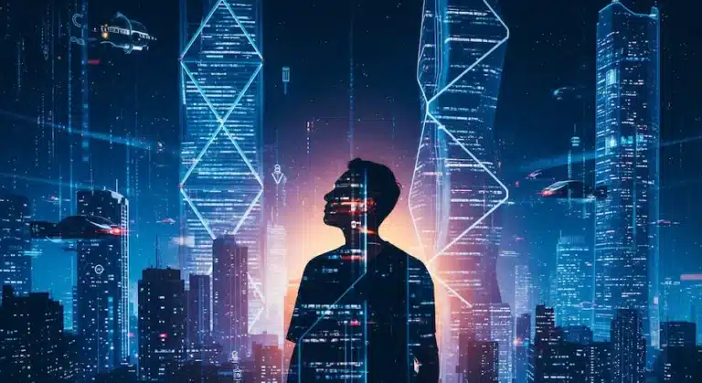 Líder diante de elementos digitais representando tendências de liderança 2026