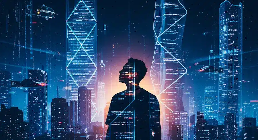 Líder diante de elementos digitais representando tendências de liderança 2026