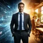 Representação simbólica de liderança e protagonismo conectando humano e inteligência artificial no ambiente corporativo