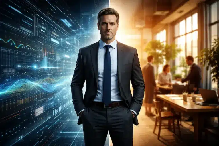 Blog 5 Representação simbólica de liderança e protagonismo conectando humano e inteligência artificial no ambiente corporativo