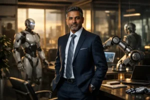 Representação simbólica da liderança na era da automação com humano e máquina coexistindo