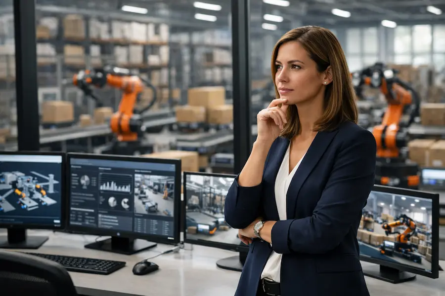 Ambiente corporativo moderno com sistemas automatizados e profissionais refletindo