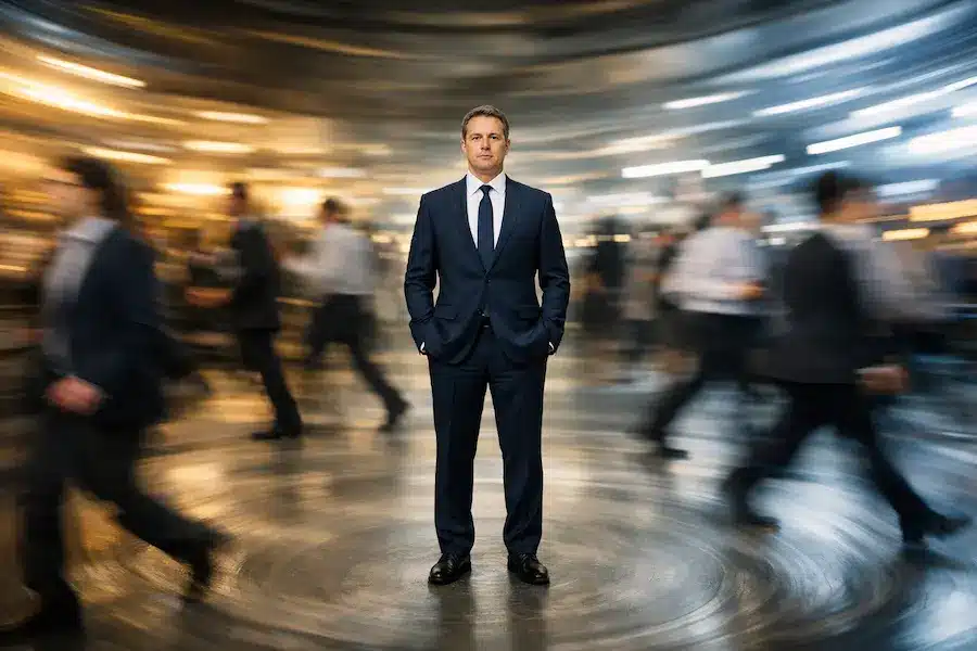 Liderança e Protagonismo na Era da Inteligência Artificial 1 Pessoa mantendo equilíbrio no centro de movimento acelerado simbolizando protagonismo profissional