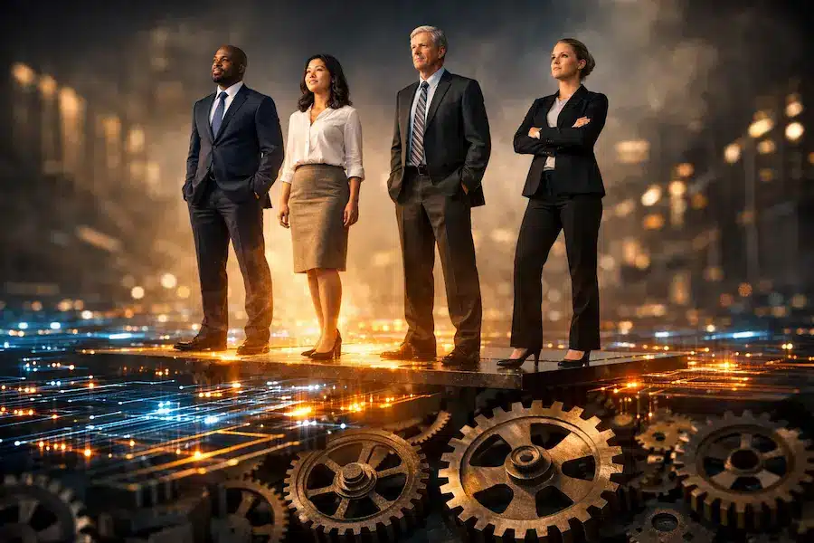 Imagem metafórica representando humano acima de engrenagens digitais simbolizando liderança na era da automação
