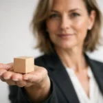 mulher líder segurando pequeno cubo de madeira clara representando percepção na liderança