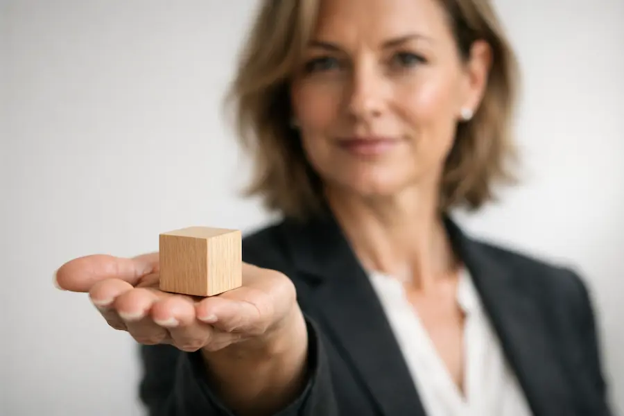 mulher líder segurando pequeno cubo de madeira clara representando percepção na liderança