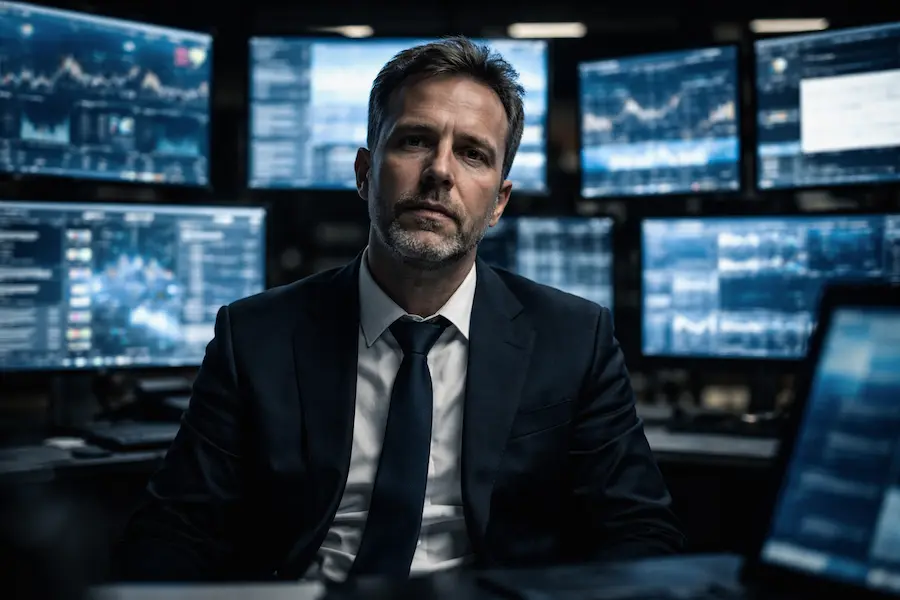 Líder no piloto automático: quando o conforto virou anestesia 1 executivo diante de múltiplas telas simbolizando líder no piloto automático