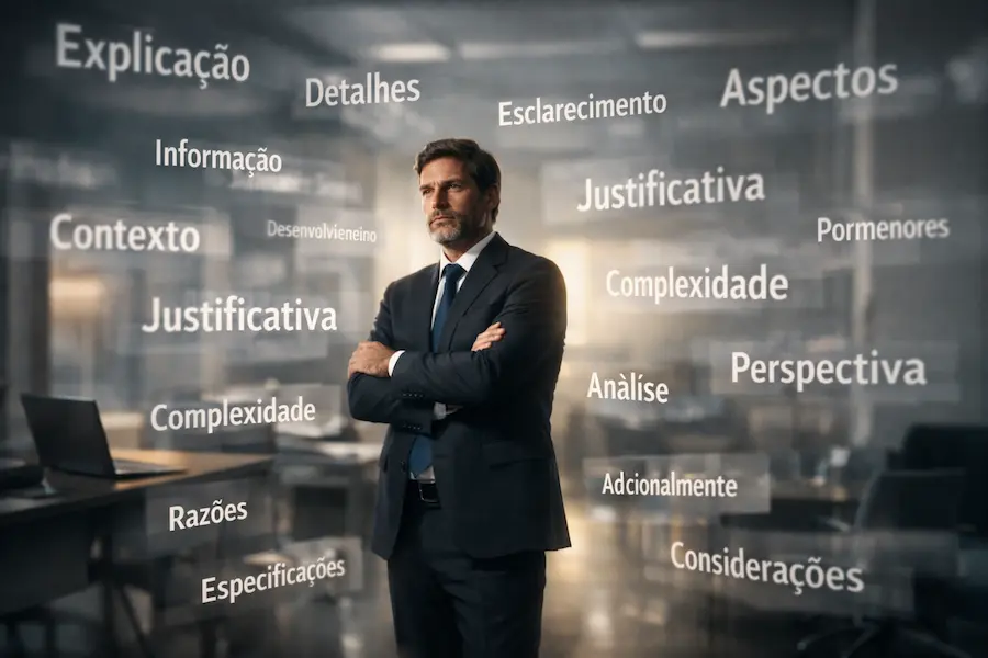 profissional cercado por palavras flutuantes simbolizando excesso de explicação na comunicação na liderança