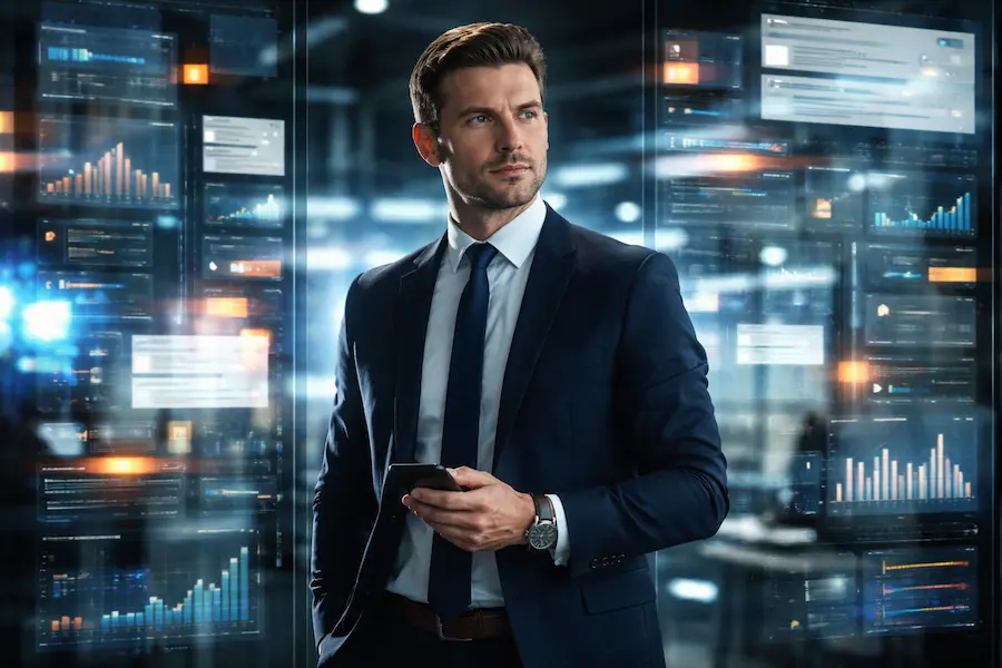 profissional cercado por reflexos de dados e telas representando excesso de informação no trabalho