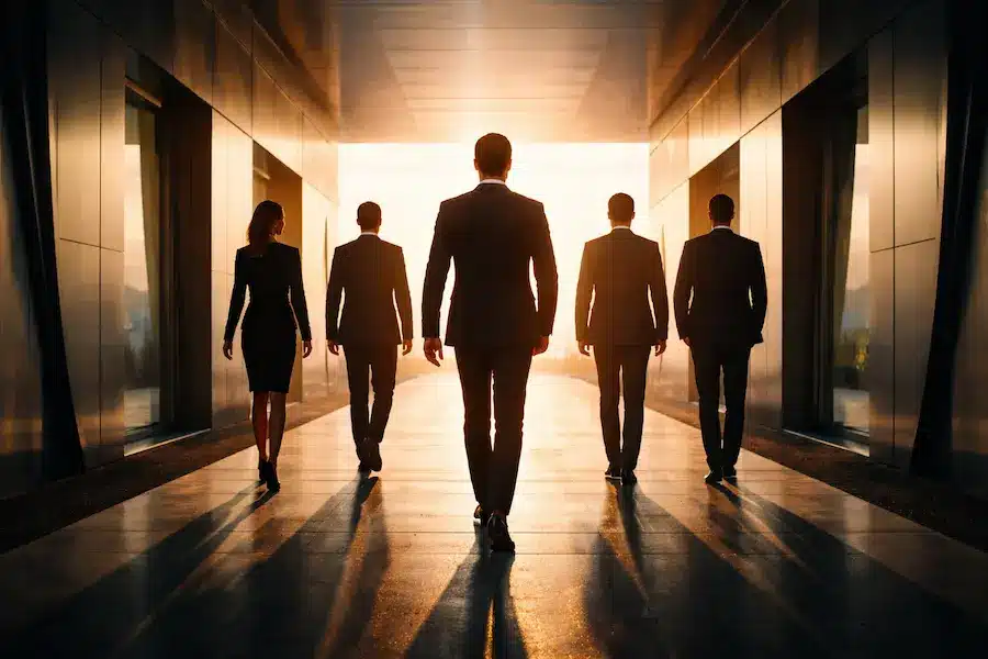 líder guiando equipe em direção a um horizonte iluminado representando clareza e direção