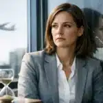 mulher em ambiente corporativo com expressão neutra em cenário aparentemente positivo