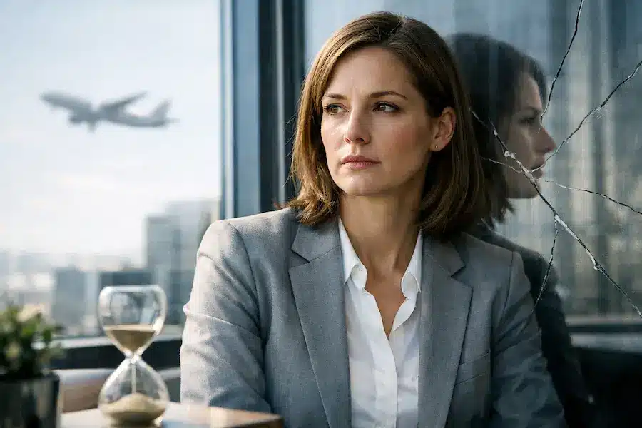 Home 12 mulher em ambiente corporativo com expressão neutra em cenário aparentemente positivo