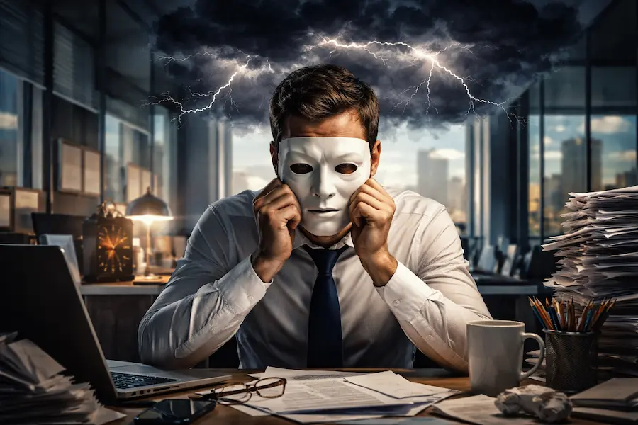 Felicidade no trabalho: quando ela deixa de ser saudável e vira um risco invisível 1 pessoa tentando esconder emoções em ambiente corporativo
Legenda: O que não pode ser dito continua existindo