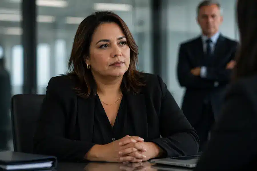 mulher em ambiente corporativo adaptando comportamento à liderança tradicional
