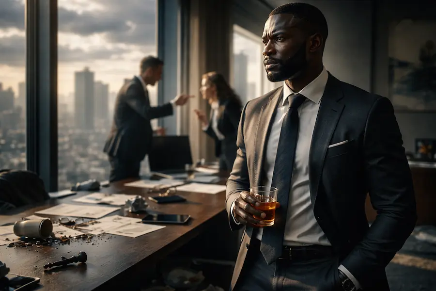 Felicidade no trabalho: quando ela deixa de ser saudável e vira um risco invisível 2 homem em ambiente corporativo com expressão de tensão contida