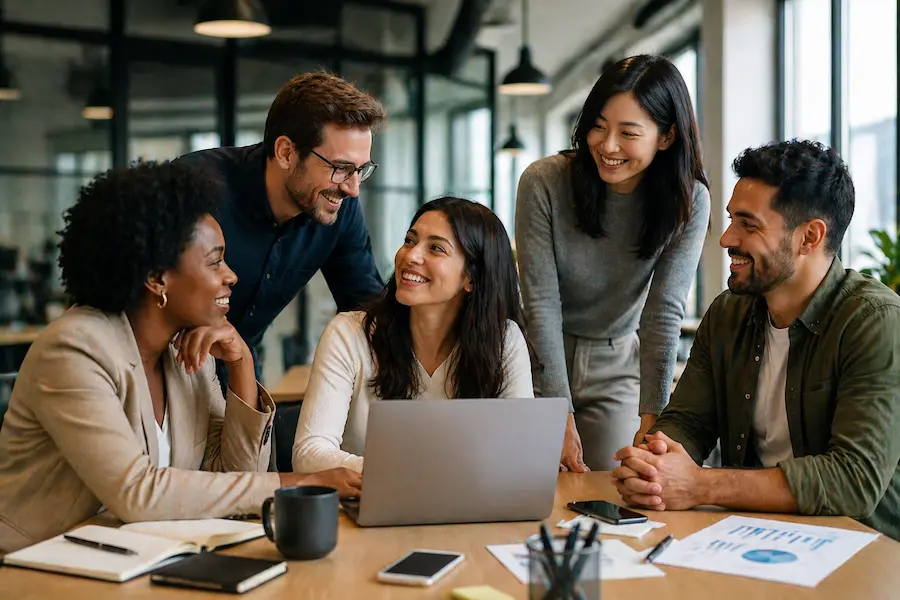 equipe diversa colaborando em ambiente saudável com liderança feminina
