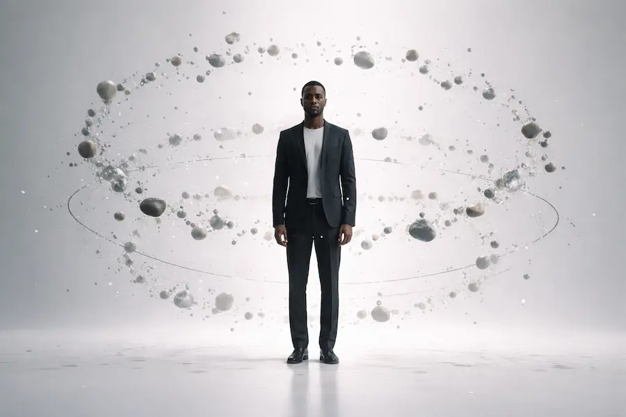 ambiente com elementos flutuando que se organizam ao redor de uma presença humana central