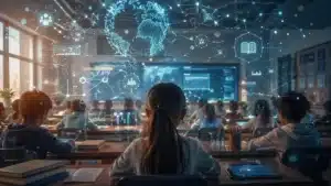 Crianças em sala de aula cercadas por estruturas abstratas de dados e algoritmos na alfabetização em IA
