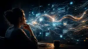 humano diante de interface digital fluida representando confiança na IA