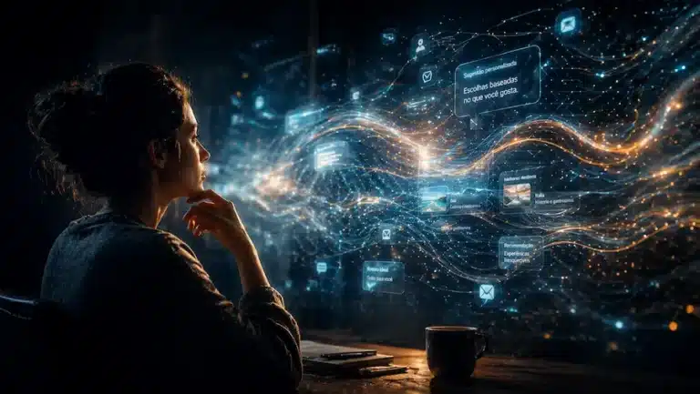 humano diante de interface digital fluida representando confiança na IA