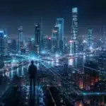 Figura humana em uma cidade futurista cercada por dados, simbolizando o comportamento humano na era digital.