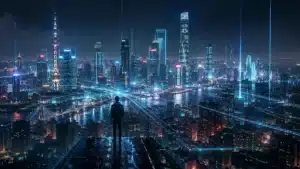 Figura humana em uma cidade futurista cercada por dados, simbolizando o comportamento humano na era digital.