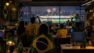 Pessoas em ambiente corporativo observam a luz simbólica de um estádio, representando engajamento e pertencimento durante a Copa do Mundo 2026.