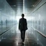 Pessoa atravessando corredor futurista com sensores invisíveis, simbolizando a vigilância no trabalho.