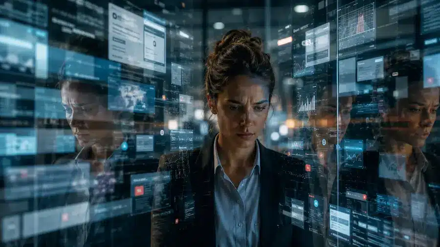 Comportamento humano na era digital: o que a China revela sobre o nosso futuro 1 Profissional diante de telas digitais com reflexo fragmentado, representando excesso de dados e perda de consciência.