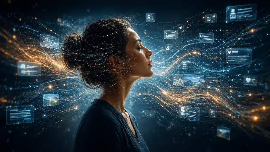 pessoa envolvida por fluxos digitais representando aceitação sem questionamento nas alucinações de IA