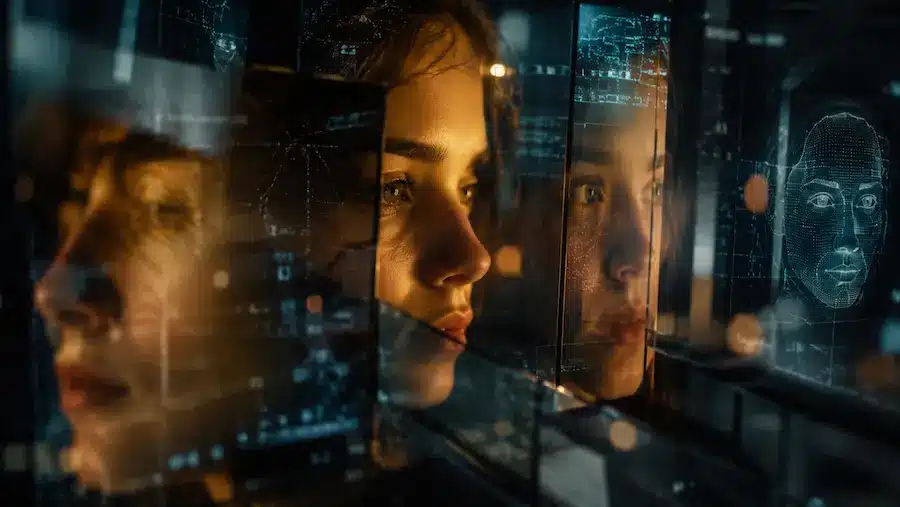 Rosto humano refletido em superfícies digitais, simbolizando presença humana diante da vigilância tecnológica.
