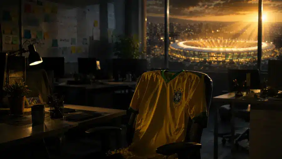 Camisa pendurada em uma cadeira vazia dentro de um escritório silencioso, com luz de estádio entrando pela janela.