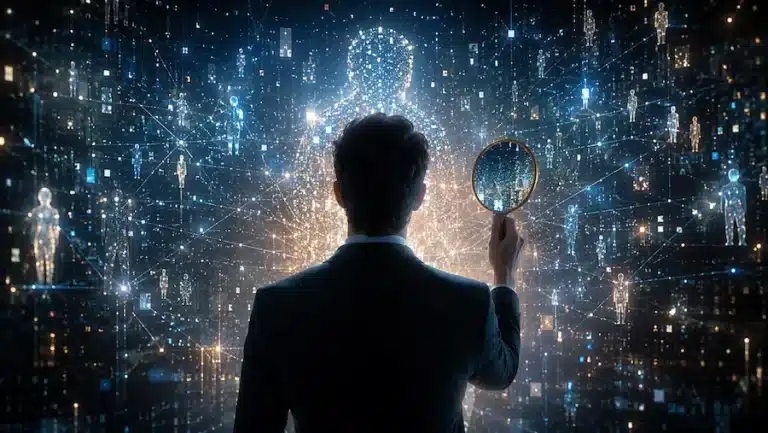Blog 1 Pessoa diante de uma rede luminosa de dados segurando um espelho com padrões digitais, representando consciência digital na liderança.