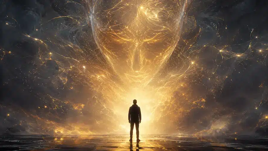 Pessoa diante de uma inteligência artificial luminosa representando o desafio da autonomia humana nas organizações.