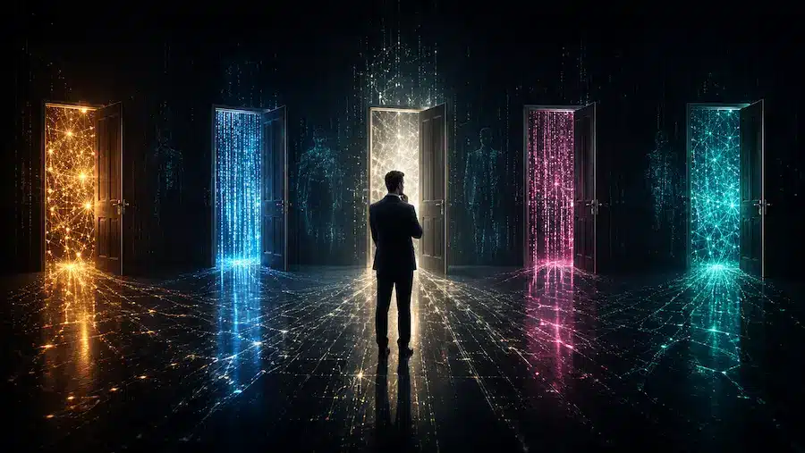Consciência digital na liderança: a IA conhece você melhor do que você mesmo? 1 Pessoa parada diante de portas iluminadas por códigos digitais, simbolizando escolhas influenciadas por algoritmos.