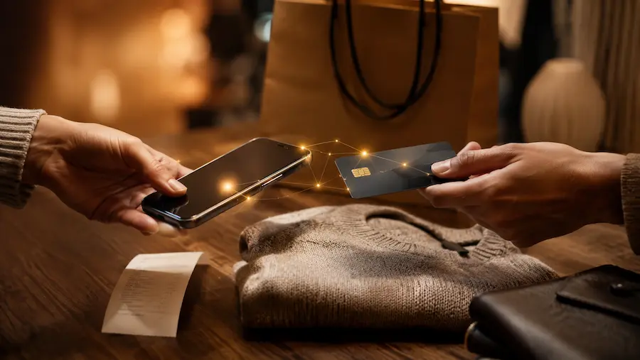 IA no varejo: quanto mais inteligente a tecnologia, mais humano precisa ser o consumo 1 Imagem ultrarrealista de uma jornada de consumo integrada, com detalhes humanos, recibos, celular, produto e sinais digitais sutis conectando físico e digital.