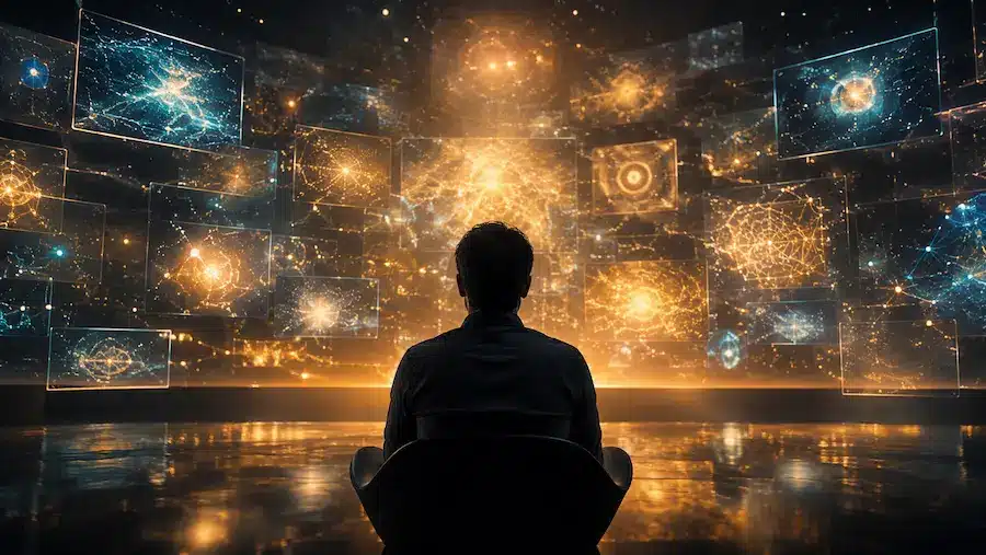 Inteligência artificial pessoal: o que acontecerá com a autonomia humana nas organizações? 1 Figura humana diante de múltiplas telas abstratas representando a presença constante da inteligência artificial pessoal no trabalho.