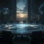 Mesa vazia iluminada por projeções abstratas representando perguntas globais sobre congresso de Inteligência Artificial, sociedade e liderança.