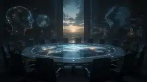Mesa vazia iluminada por projeções abstratas representando perguntas globais sobre congresso de Inteligência Artificial, sociedade e liderança.