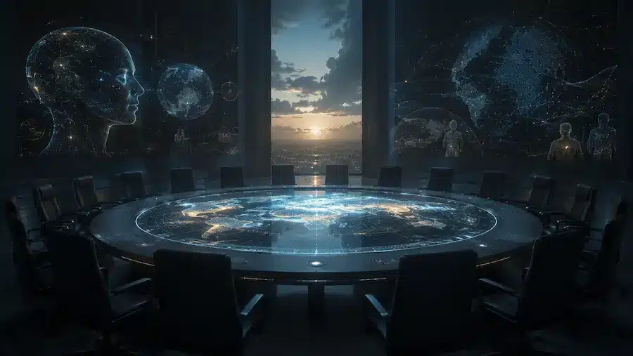 Mesa vazia iluminada por projeções abstratas representando perguntas globais sobre congresso de Inteligência Artificial, sociedade e liderança.