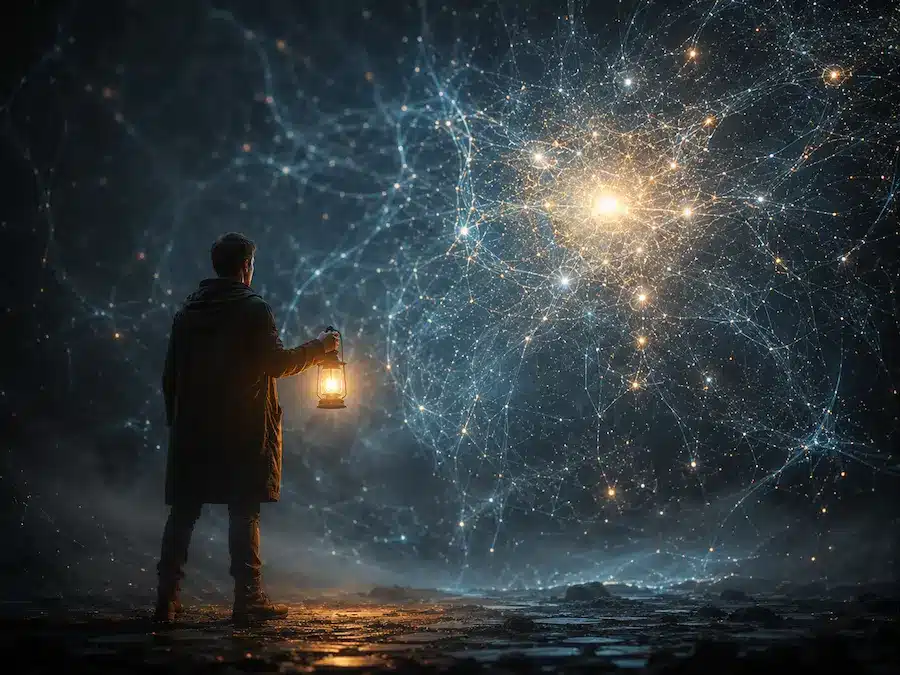 Maturidade em inteligência artificial: o perigo não é a tecnologia, é o encantamento humano 2 Pessoa segurando uma pequena lanterna diante de uma grande rede luminosa de inteligência artificial, simbolizando consciência e liderança.