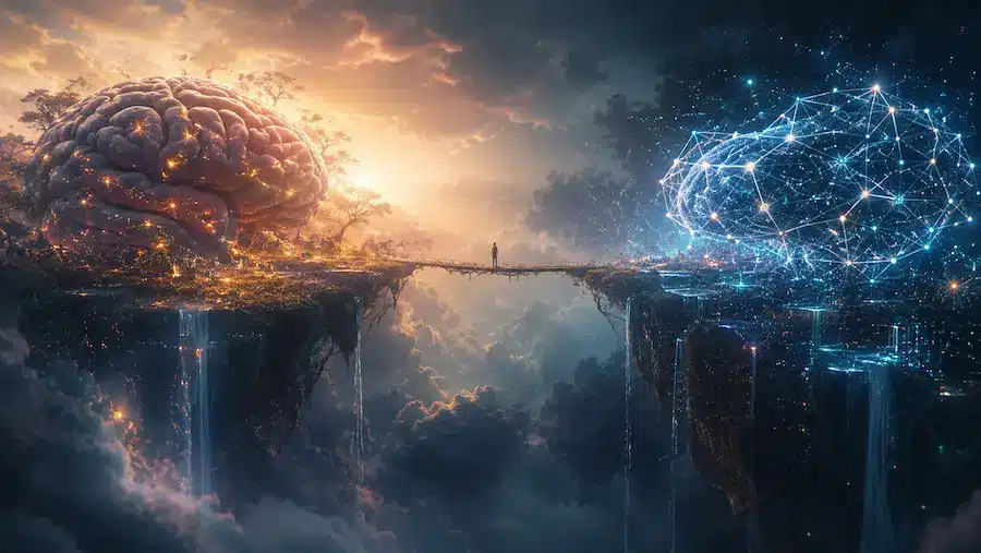 Inteligência artificial pessoal: o que acontecerá com a autonomia humana nas organizações? 2 Cérebro humano e rede neural artificial conectados por uma ponte delicada, simbolizando diálogo entre humano e IA.